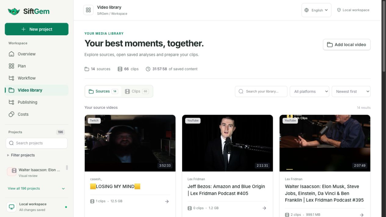 SiftGem's actual video library with saved recordings and generated clips